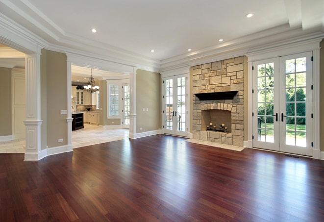 wide plank hardwood flooring extending through an industrial loft